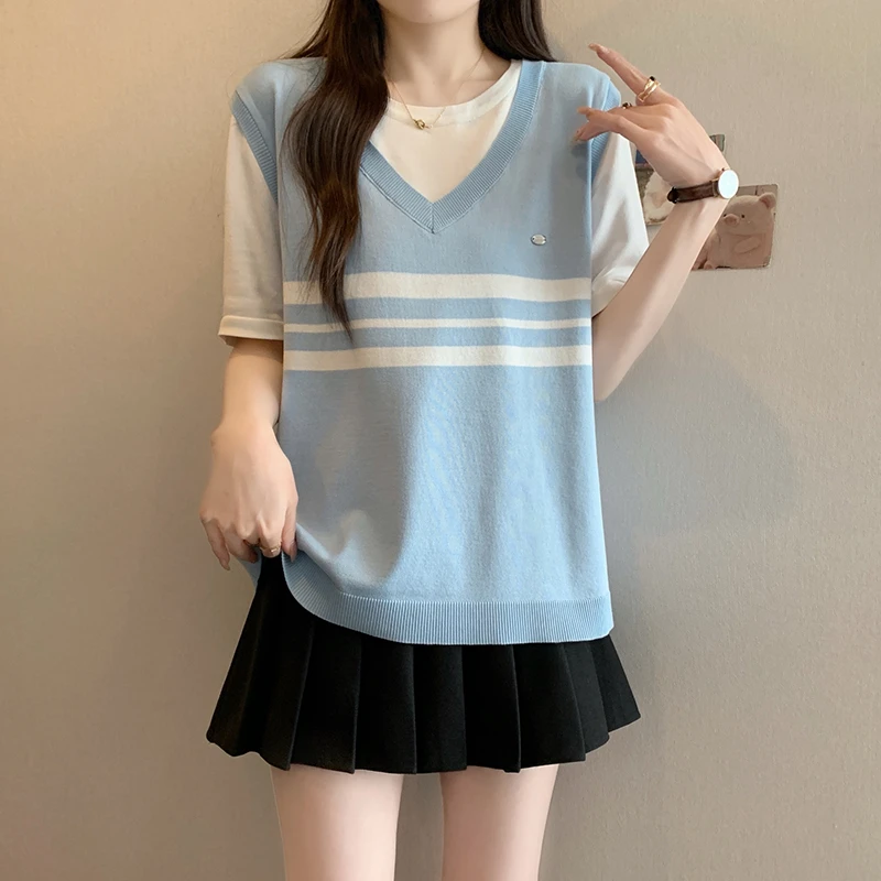 2025夏款胖mm大码女学院风撞色条纹冰丝针织短袖T恤71909