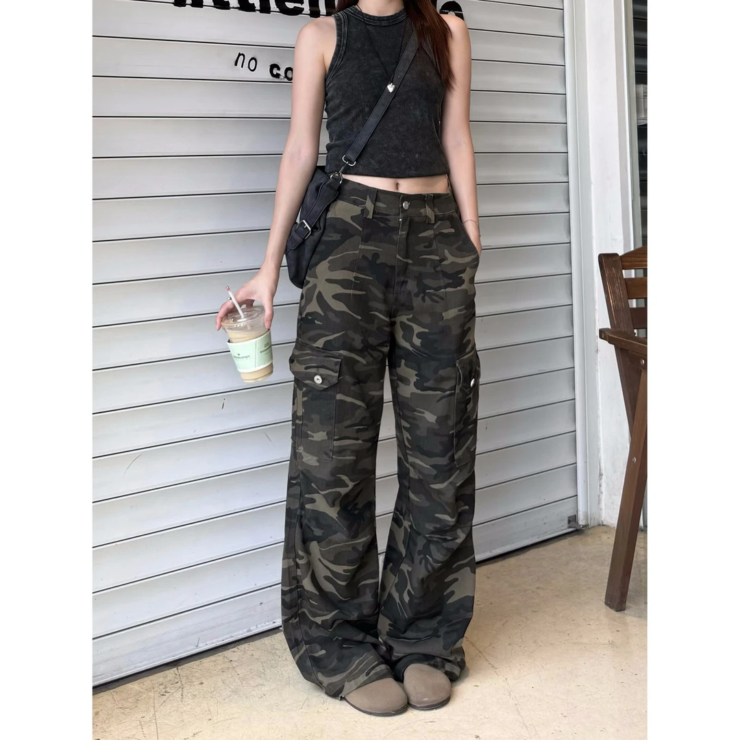美式复古迷彩多口袋宽松直筒工装裤百搭显瘦休闲阔腿裤夏季薄款