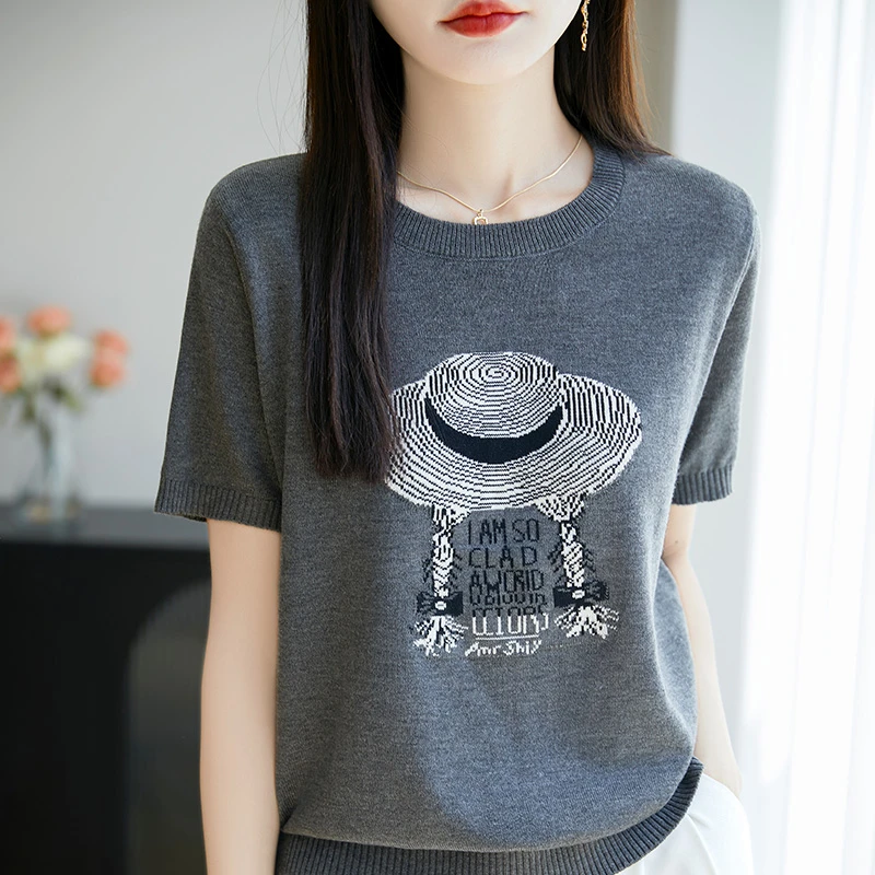 哥弟阿玛施正品棉高级短袖女草帽提花针织衫正肩半袖夏季T恤上衣