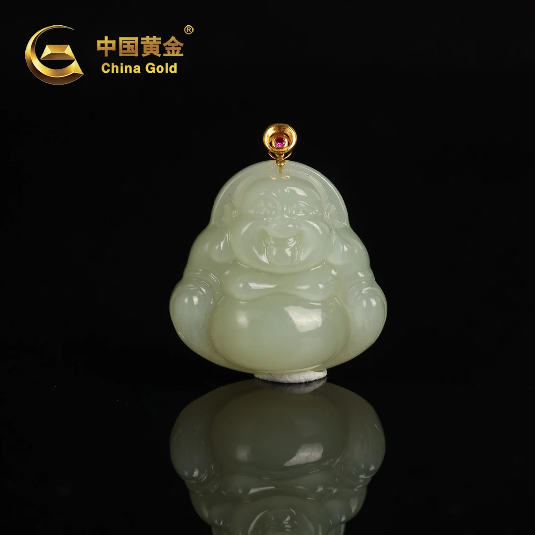 【中国黄金】18K金天然和田玉青海料佛公吊坠-D4593-福