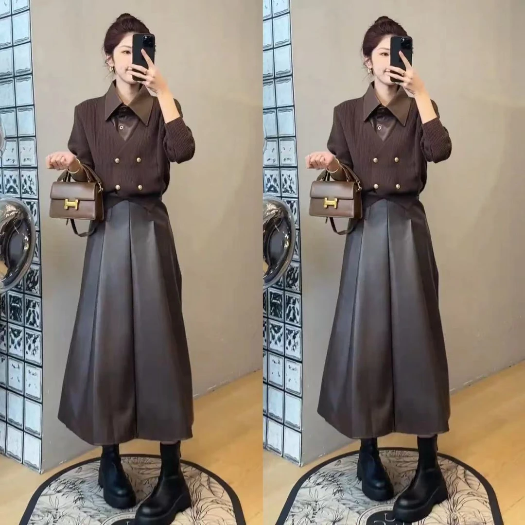 2024秋时尚洋气皮领拼接毛衣假两件外套+高腰显瘦A字显瘦半身皮裙