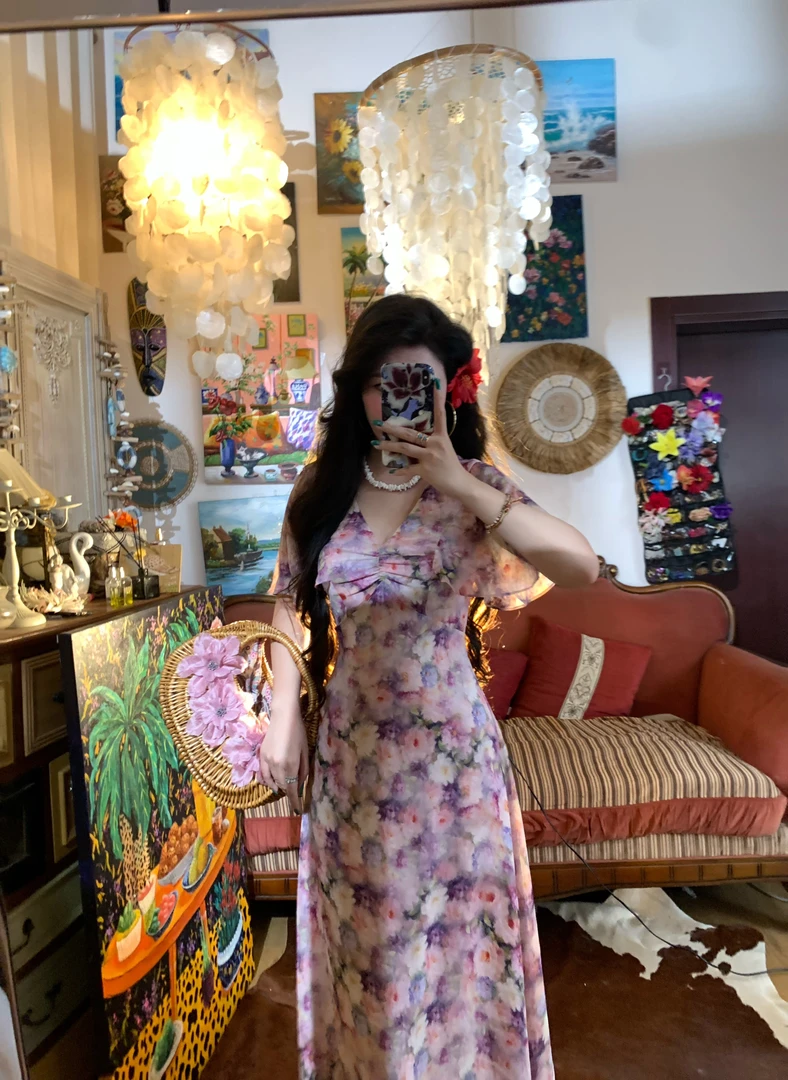 《新品》2025夏季紫调彩花气质收腰显瘦连衣裙长裙M140