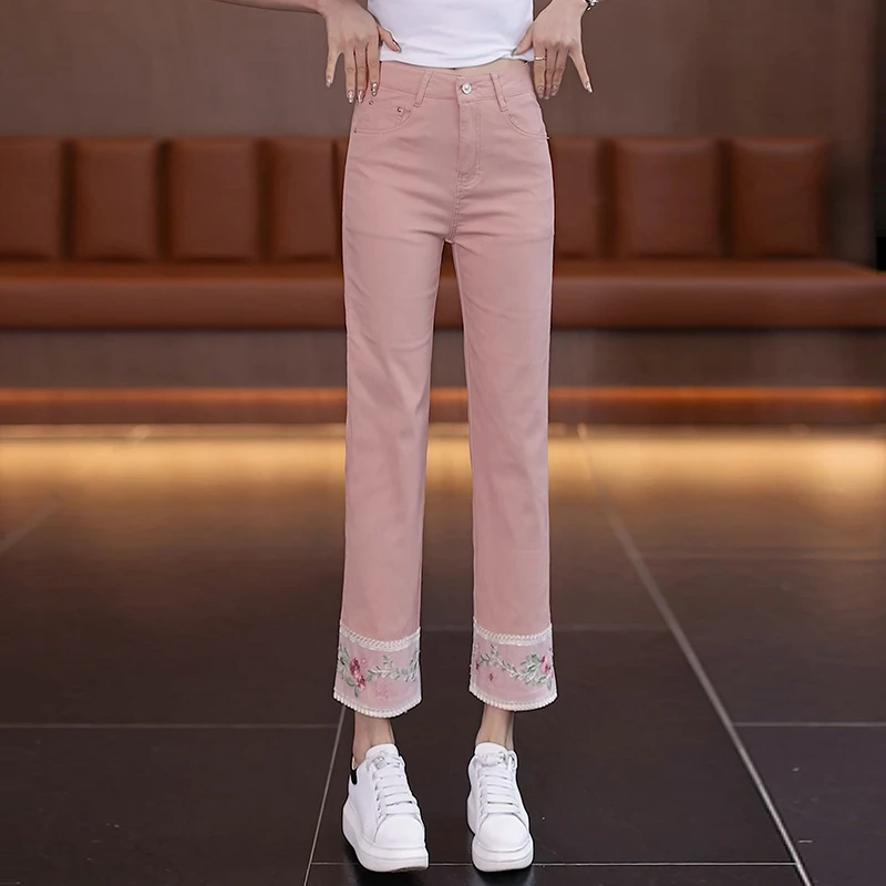 粉色直筒牛仔裤女夏季薄款2025新款小个子高腰显瘦休闲八分烟管裤