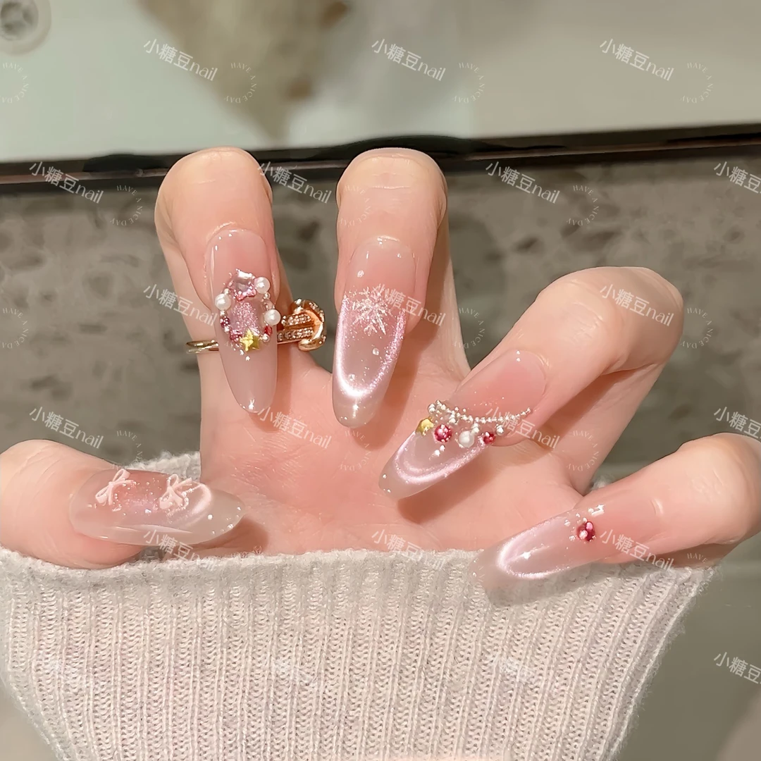 【甜梦圣诞】纯手工冰透甜美可爱猫眼美甲贴片圣诞氛围感显白穿戴甲