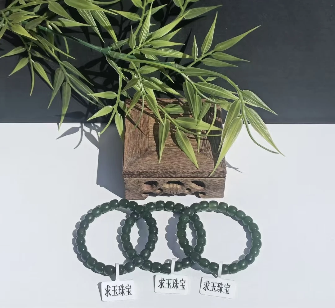 和田玉碧玉8m7.5m直切手串菠菜绿单圈手串 多样性发其一