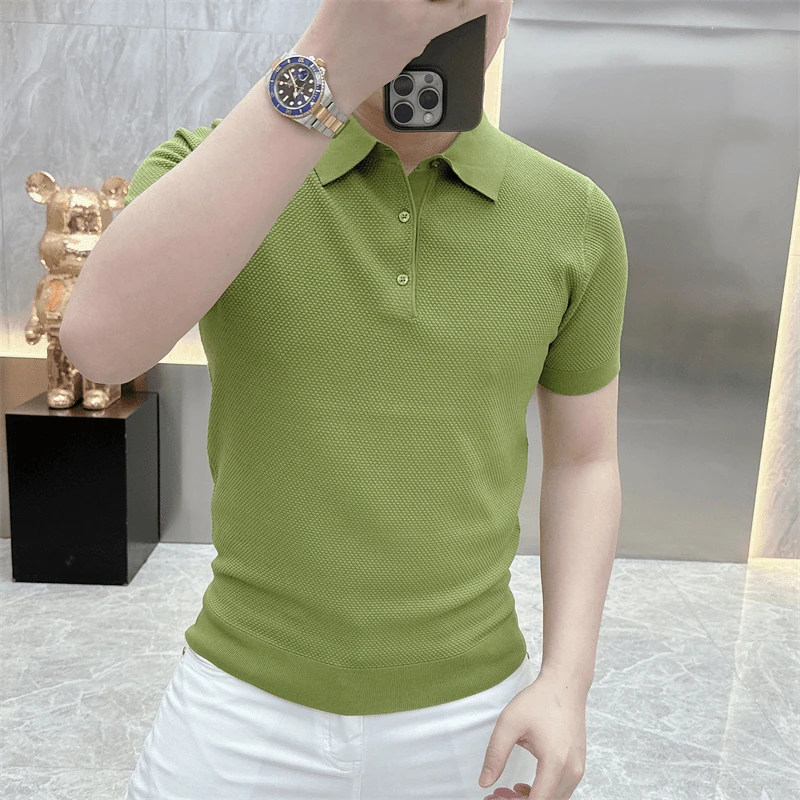 欧货针织短袖男士时尚休闲夏季半袖POLO冰丝翻领百搭上衣纯色薄款