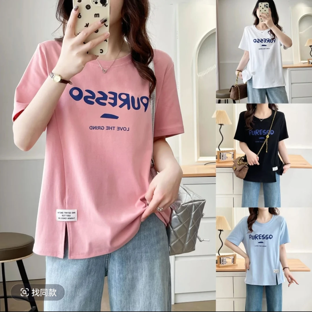 夏天新款大码女式微胖mm洋气宽松显瘦印花开叉正肩短袖上衣T恤衫