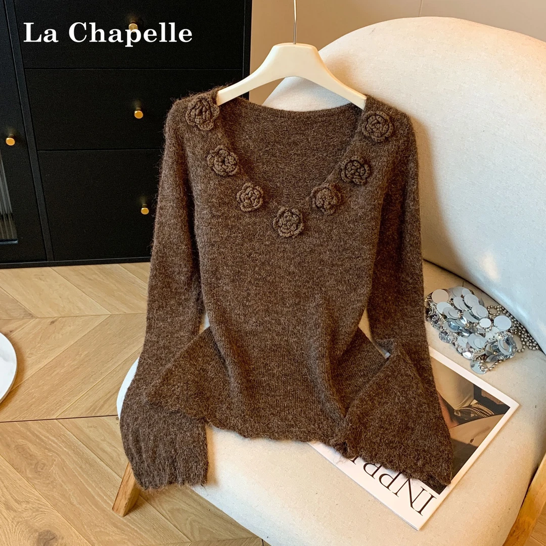 拉夏贝尔法式山茶花V领毛衣女2025秋冬季宽松显瘦喇叭袖针织上衣