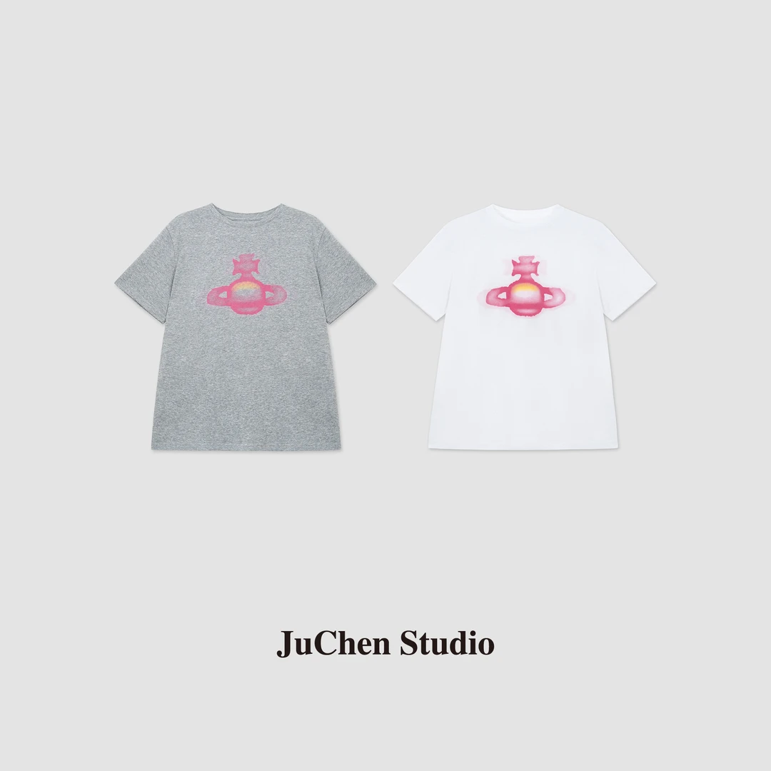 土星渐变环绕喷墨印花夏季小薄棉宽松短袖T恤 SS044151