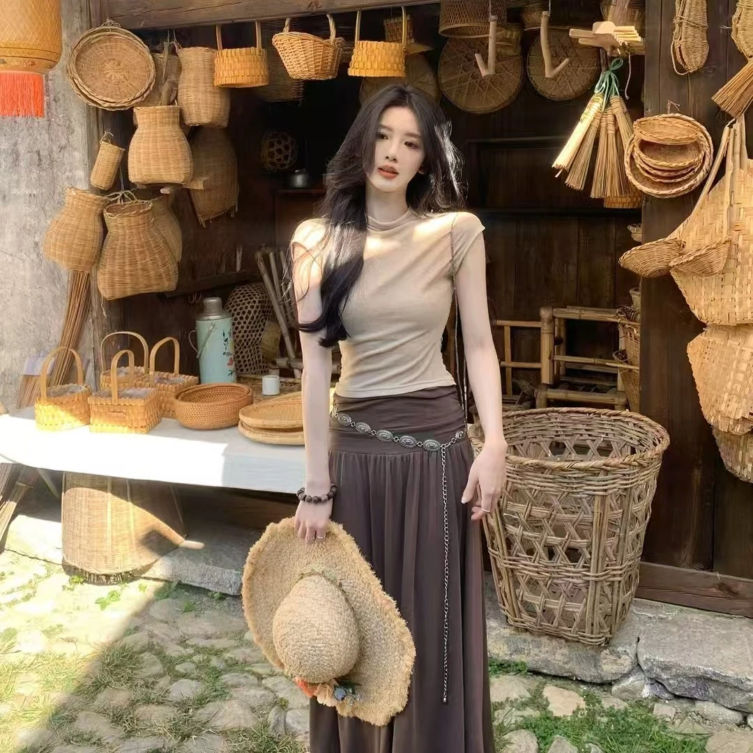 一颗甜桃宽松慵懒迷人修身T恤上衣+半身裙时尚套装两件套女送休闲