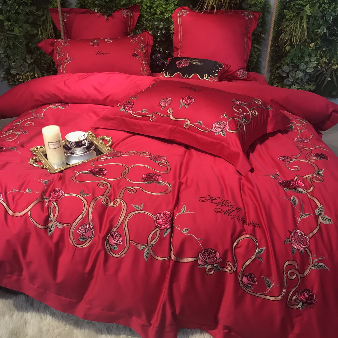 丽家平！特！年前最后一波 轻奢大红婚庆全棉刺绣四件套床品大红色