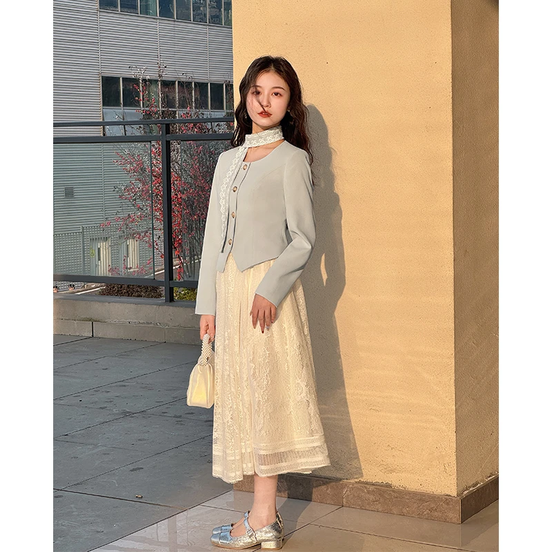 【贝加尔清晨】小娜椒小个子蓝色设计感西装短外套淑女网纱半身裙女
