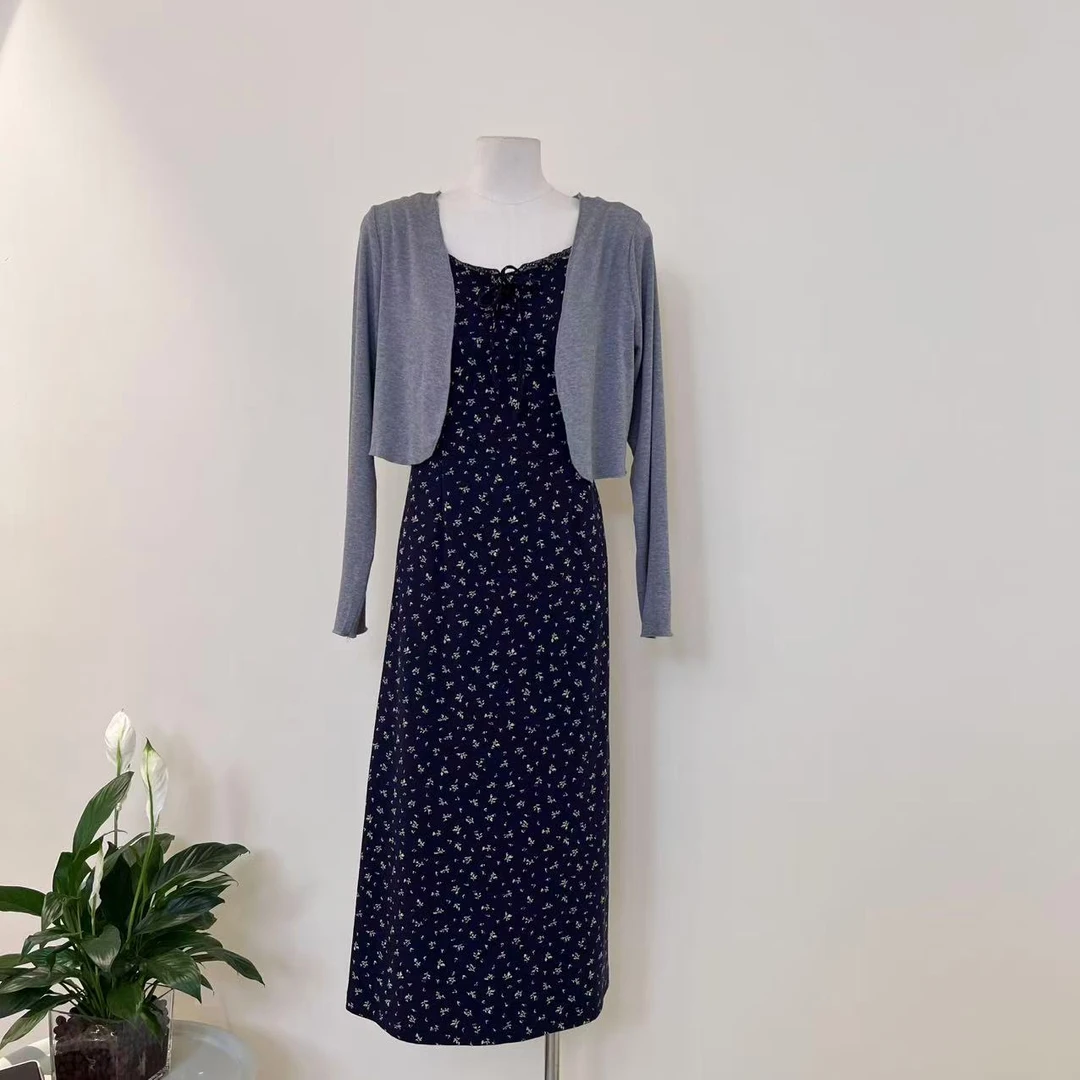 李园家2号店-907-夏季温柔风开衫+碎花连衣裙两件套