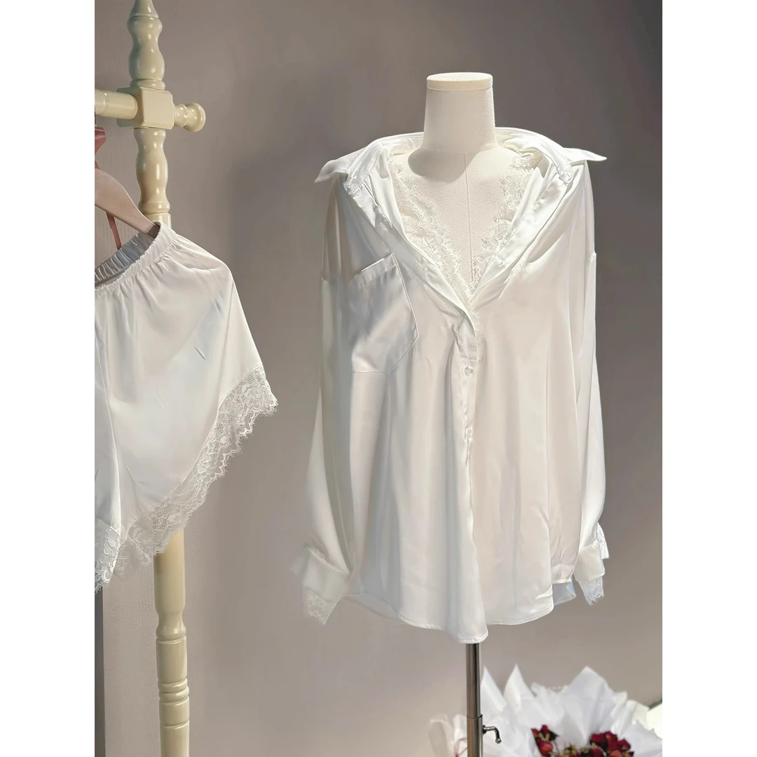 隐衫之欲*原蕾丝性感长袖纯欲风宽松白衬衫睡衣家居套装