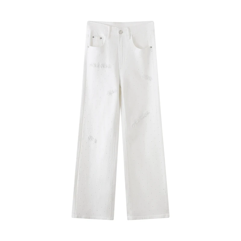 拼接烫钻牛仔裤米色显瘦裤子休闲裤长裤初恋风百搭高腰白色D3019