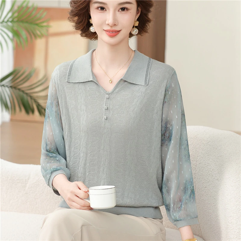 妈妈春夏装新款洋气针织上衣中老年女纱袖T恤打底七分袖小衫薄款