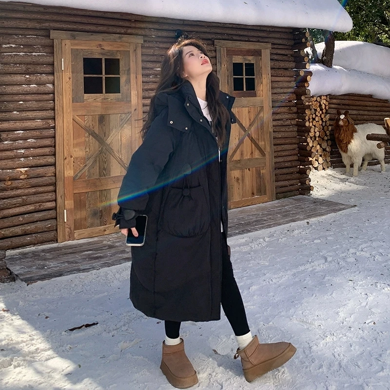 黑色中长款连帽羽绒服女2025年冬季宽松保暖白鸭绒加厚面包服外套