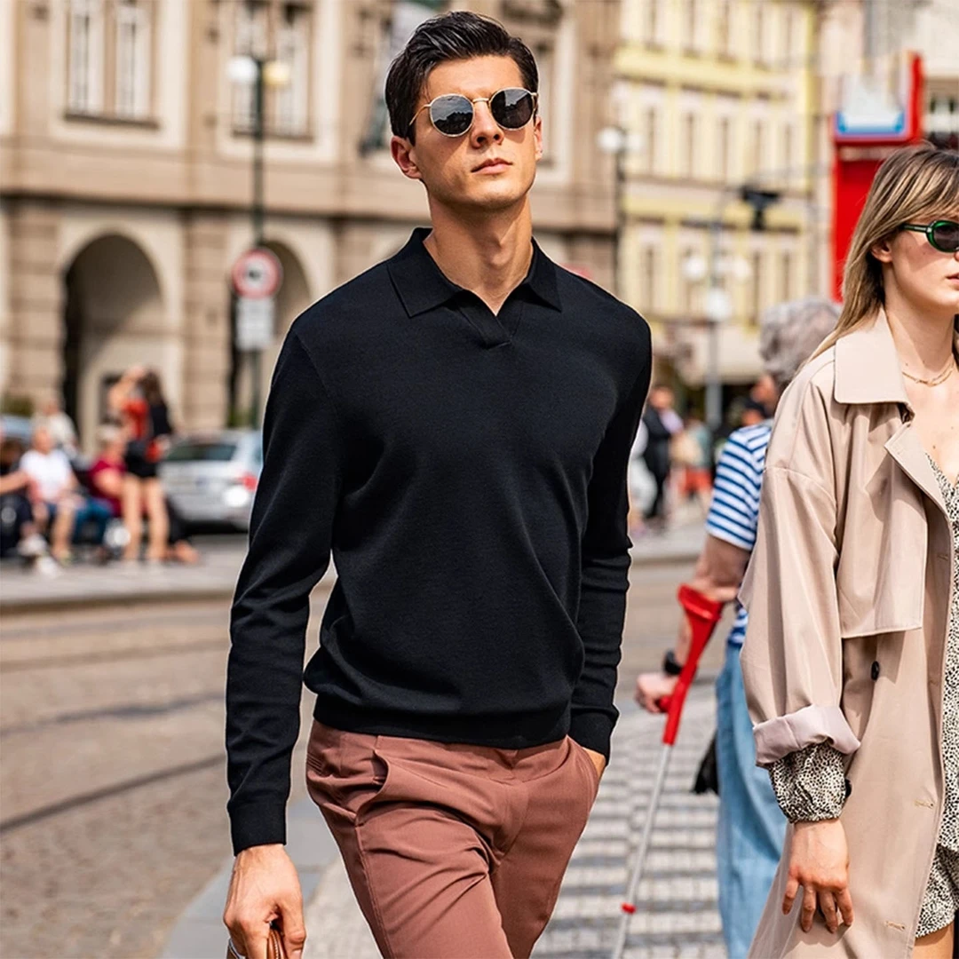 男士长袖T恤翻领polo衫休闲纯色修身商务海鸥领上衣男生针织秋冬