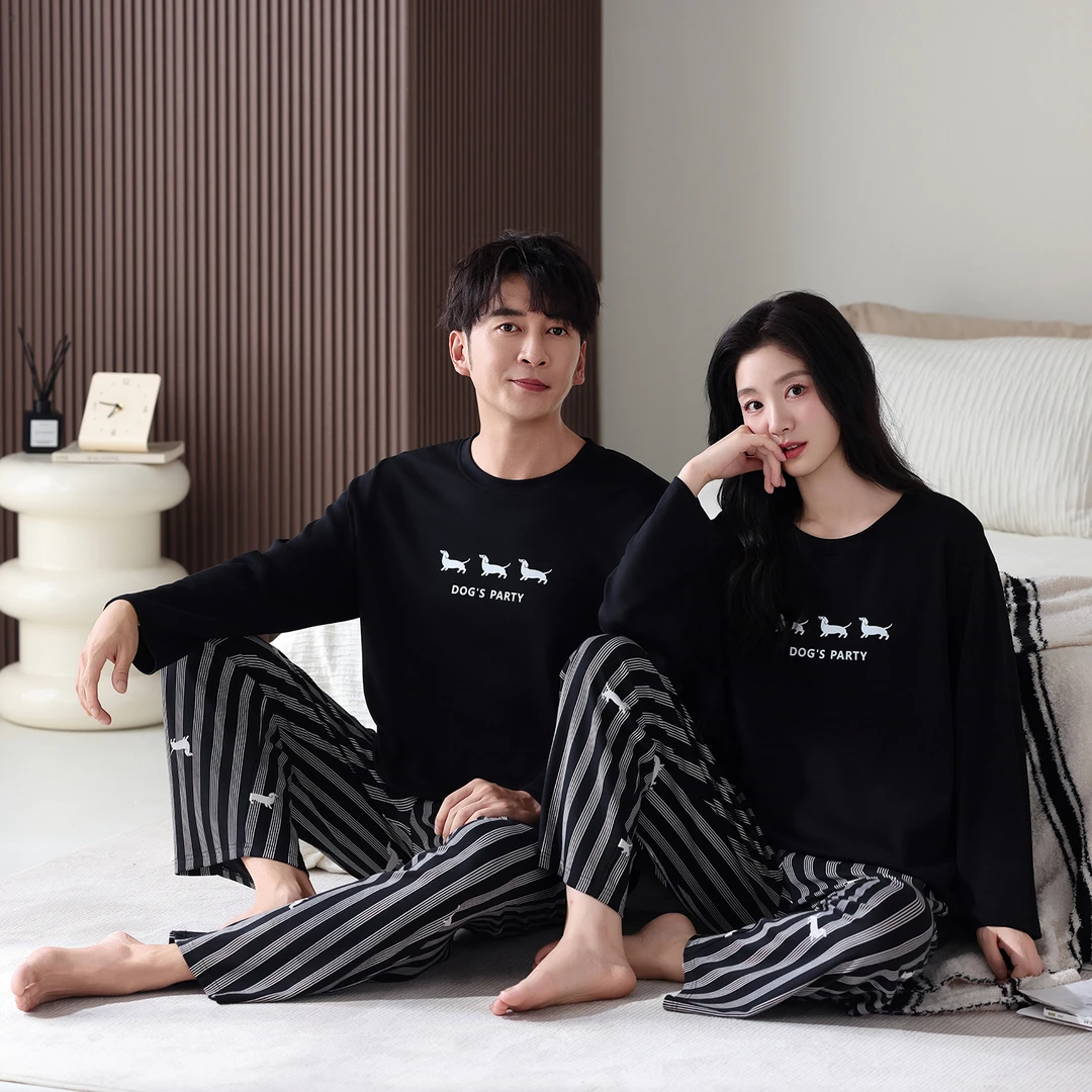纯棉情侣黑色家居服套装长袖休闲圆领可外穿睡衣秋季卡通女秋季