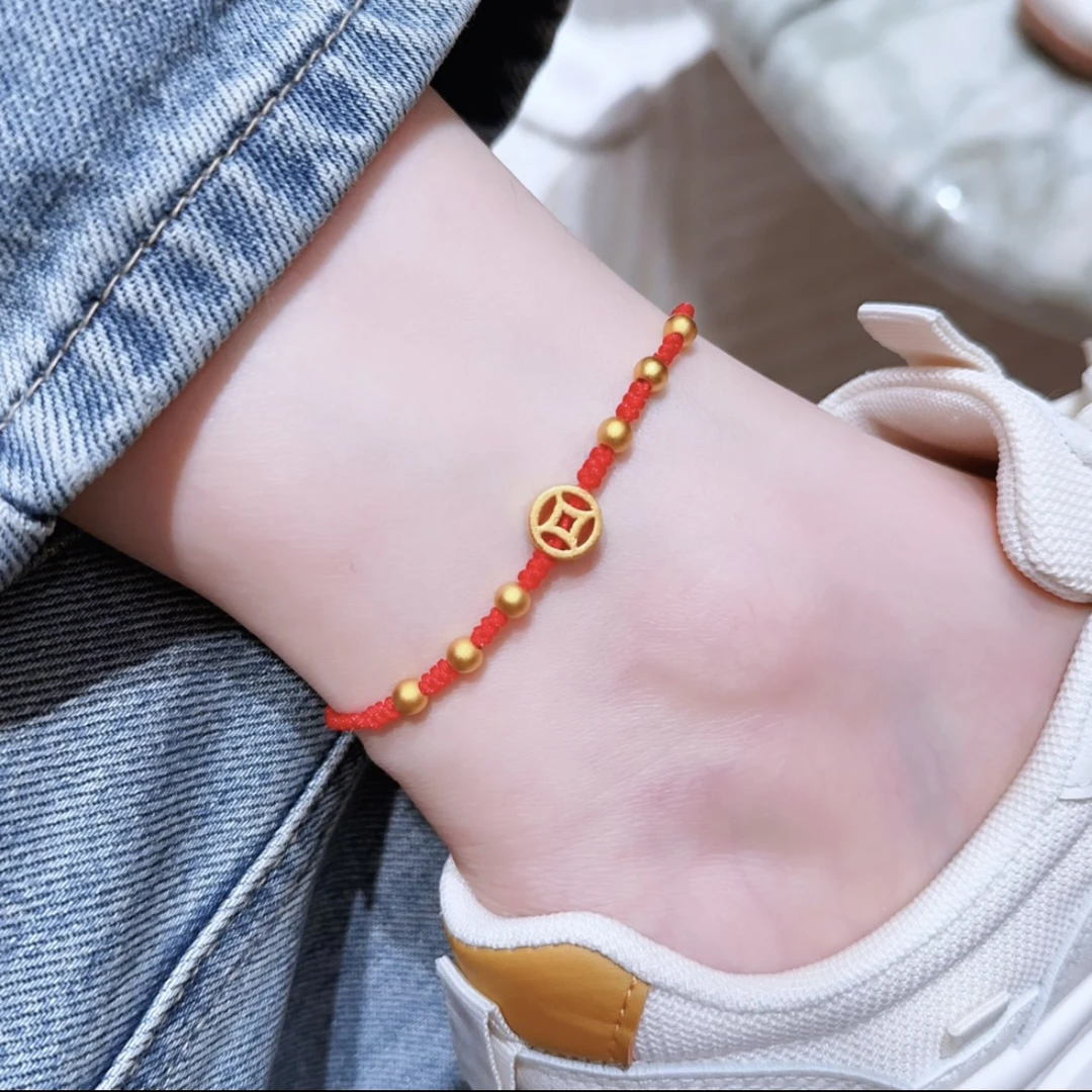 铜合金布艺脚链 新款时尚百搭钱多多运运珠红绳编制脚链