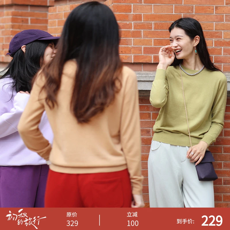 绽放493朵/半精纺绵羊毛圆领内搭长袖打底衫女百搭套头针织衫秋