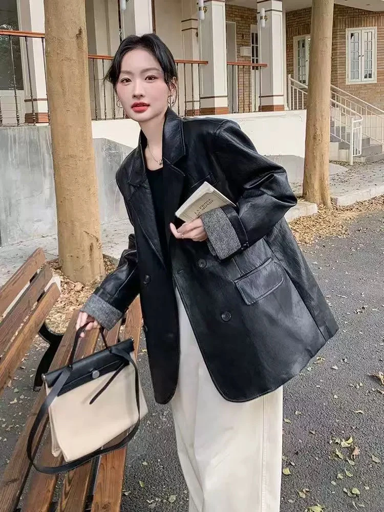 羽绒内胆皮衣西装女2024年冬季新款韩版羽绒高级感百搭双排扣外套