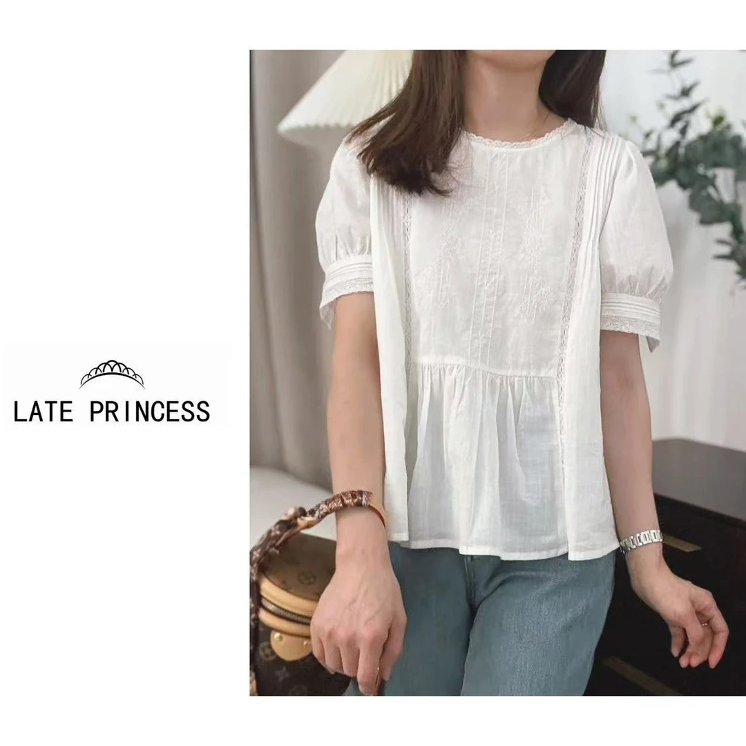 LATE PRINCESS【行止】夏装新款镂空蕾丝双层防透拼接衬袖衬衫女