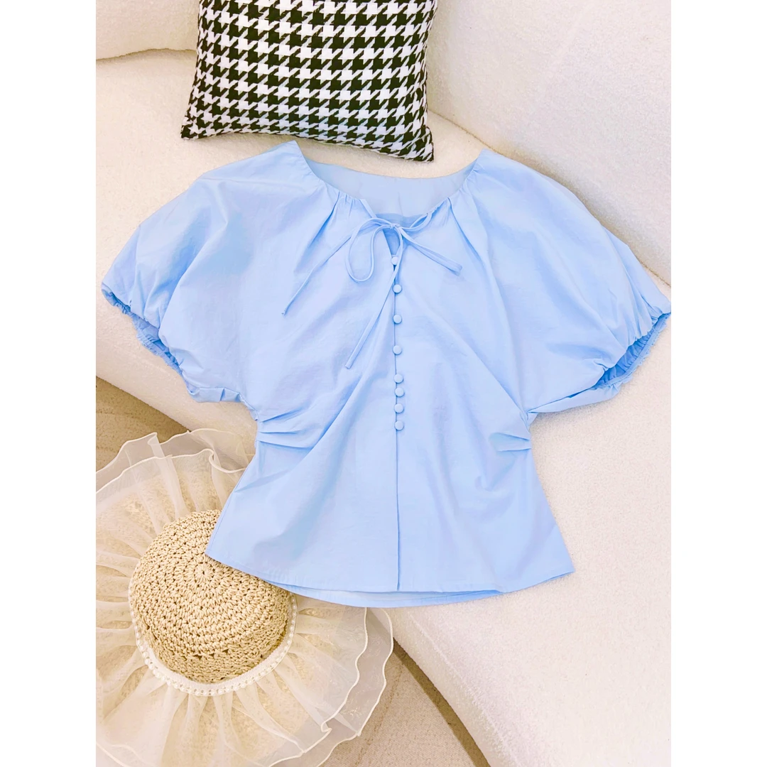 琳心丨夏季新款时尚领口系带泡泡袖短款收腰衬衣 5664