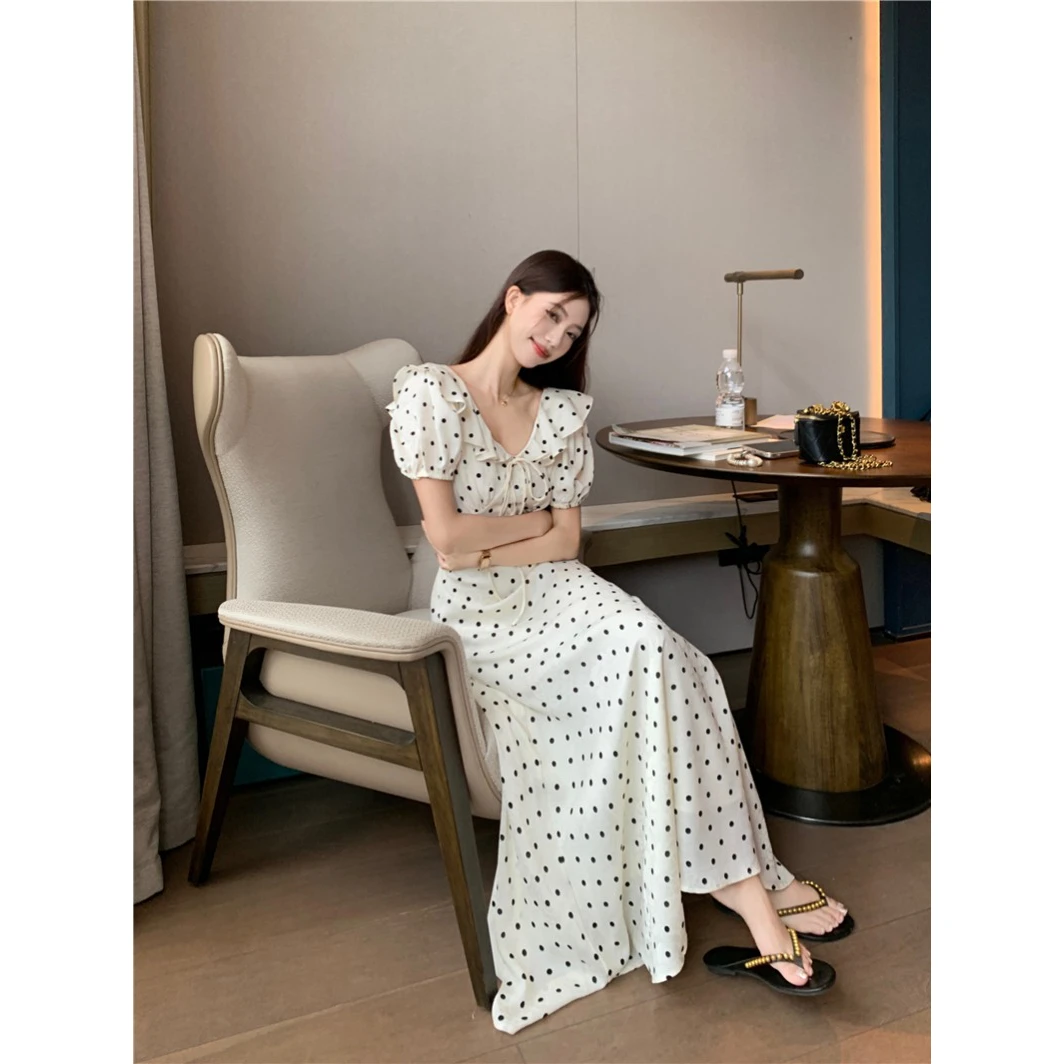 高个子长裙公主裙韩版法式复古波点系带泡泡袖收腰显瘦短袖连衣裙