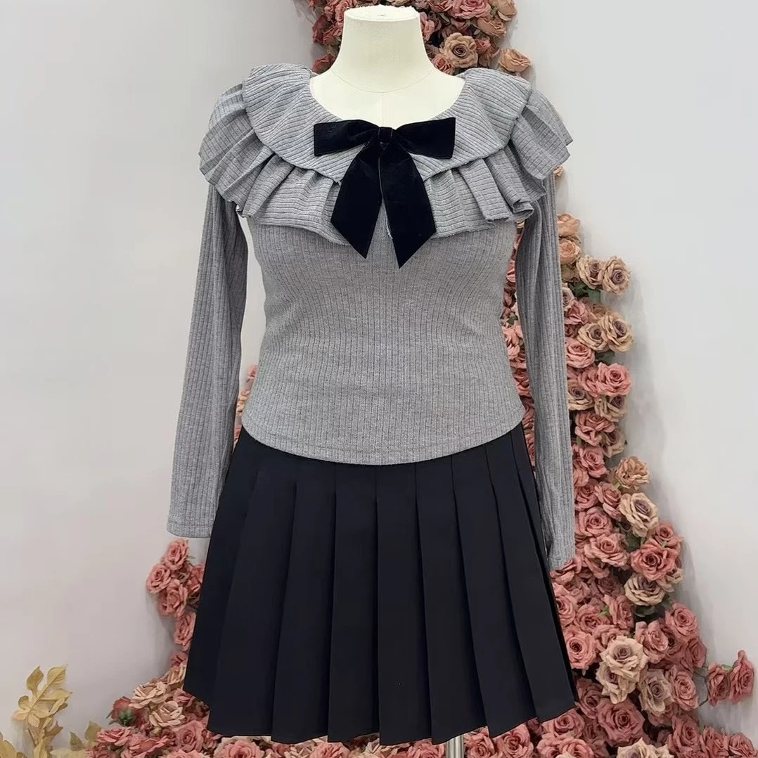 韩味天菜｜小香风荷叶边蝴蝶结针织衫女秋冬纯欲v领上衣打底衫内搭