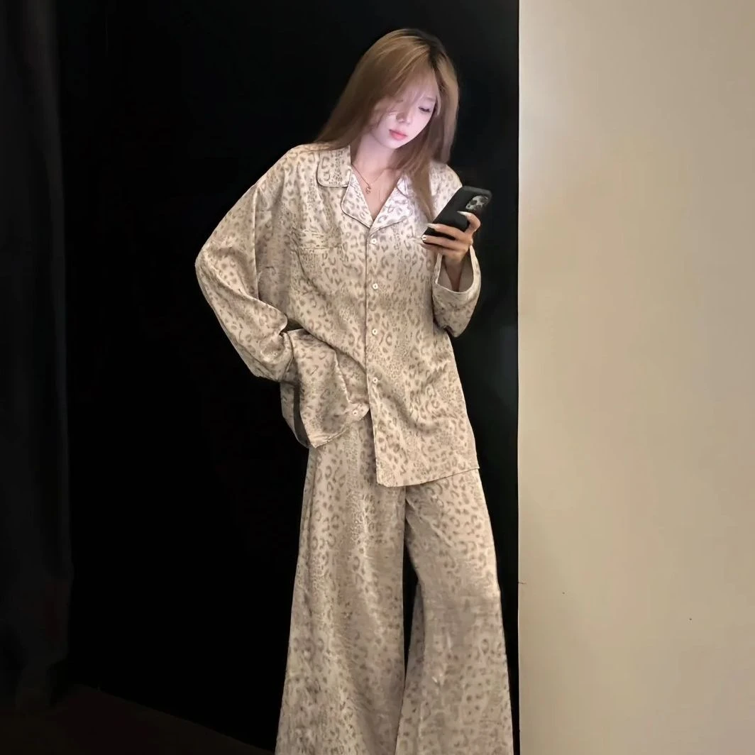 韩系豹纹印花宽松睡衣女早秋新款可外穿慵懒风长袖长裤家居服套装
