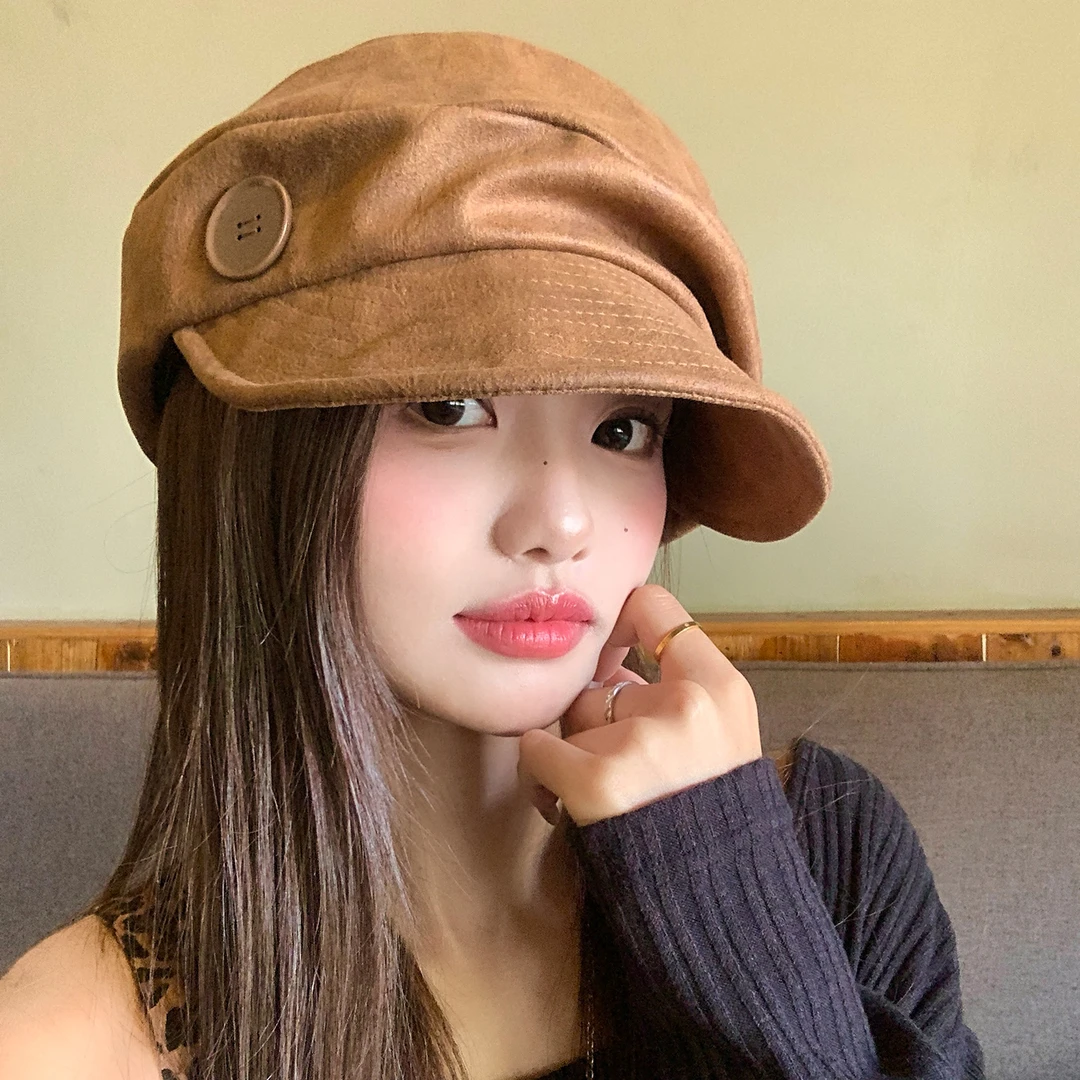 日系复古纽扣纯色贝雷帽女小众文艺报童帽慵懒风显脸小蓓蕾帽子潮