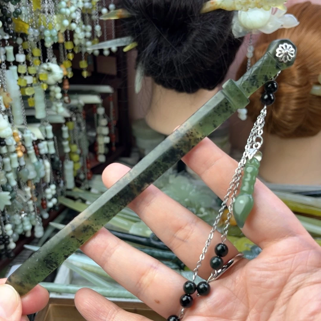 蛇纹石玉发饰未镶嵌长度18.5厘米左右