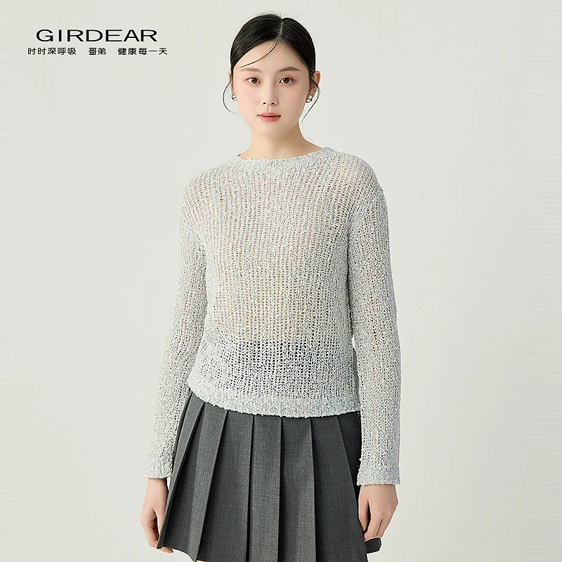 哥弟品质女装新款复古时髦百搭圆领精致镂空套头长袖针织衫138013