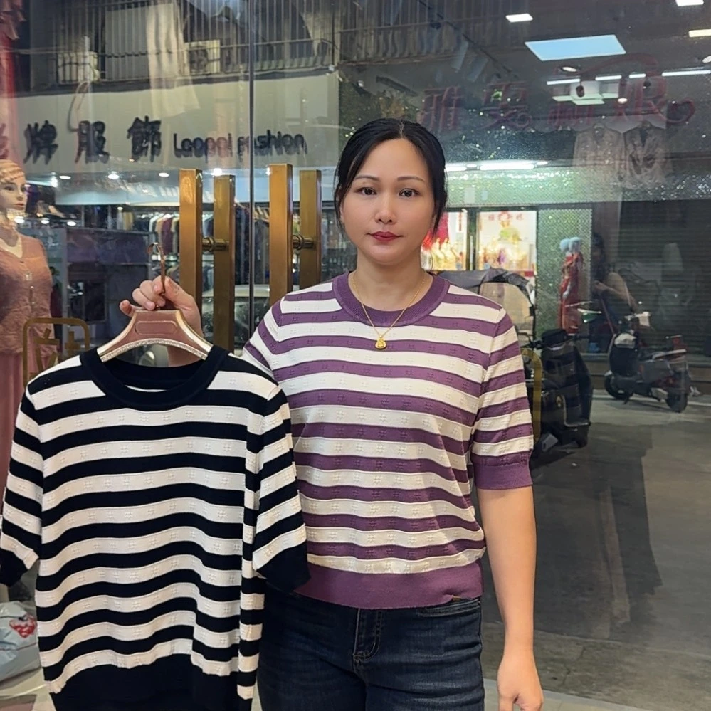休闲短袖女圆领打底毛针织衫宽松经典情侣条纹针织