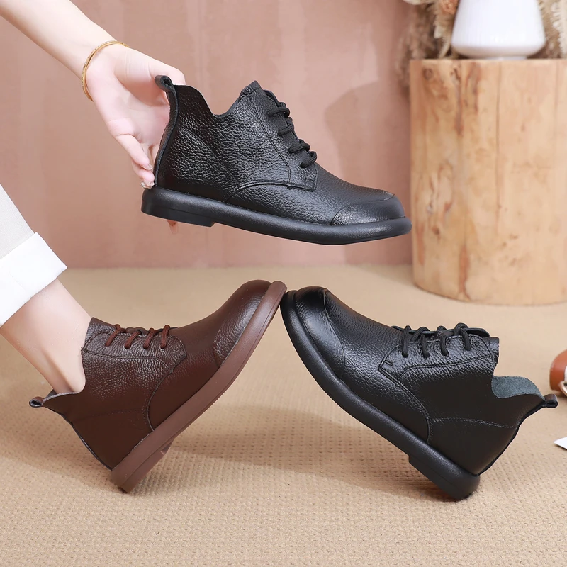 头层牛皮平底短靴春秋新款单靴女软面软底休闲中年女靴舒适百搭