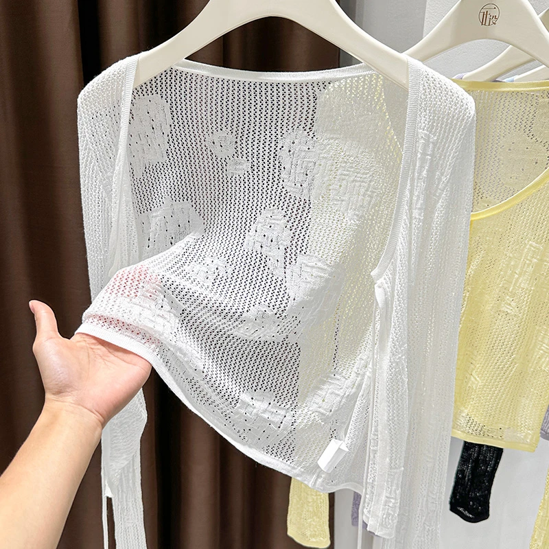 圆领系带花纹镂空针织时尚开衫夏季简约长袖宽松透视披肩薄款坎肩