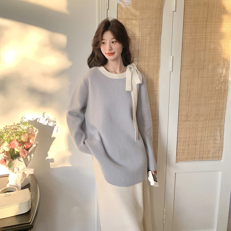 灰蓝色韩系蝴蝶结系带慵懒风羊毛针织衫女2025年春季新款套装上衣