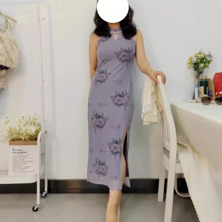 A字秋季新中式国风旗袍镂空改良外穿子女新款开叉复古风连衣裙