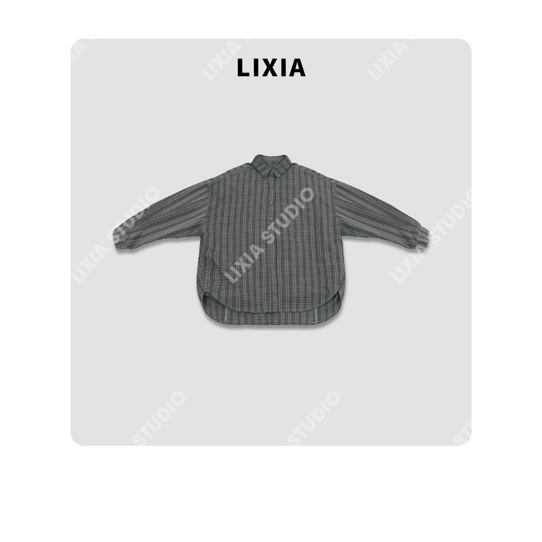 LIXIA【慵懒格调】慵懒风韩版时尚显瘦纯棉灰咖格翻领衬衫-D9157