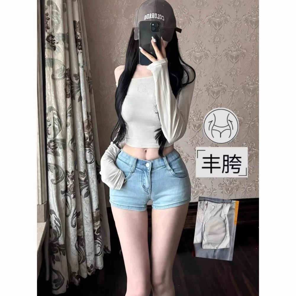 (大千金）自带丰胯垫中腰高弹紧身辣妹时尚炸街水洗紧身软牛仔热裤