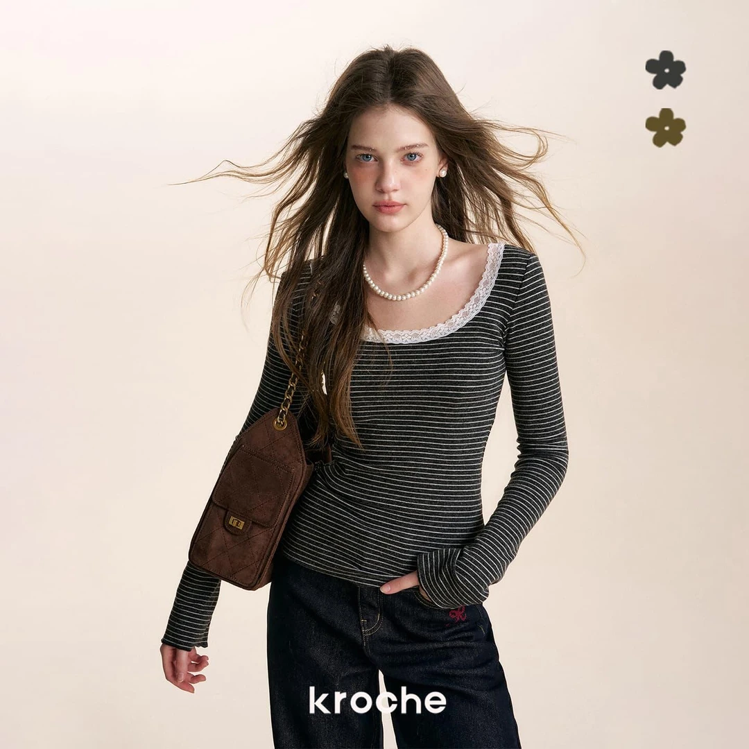 《旺旺雪宝专属》Kroche 大U领拼接蕾丝撞色细条纹绒感修身长袖T恤