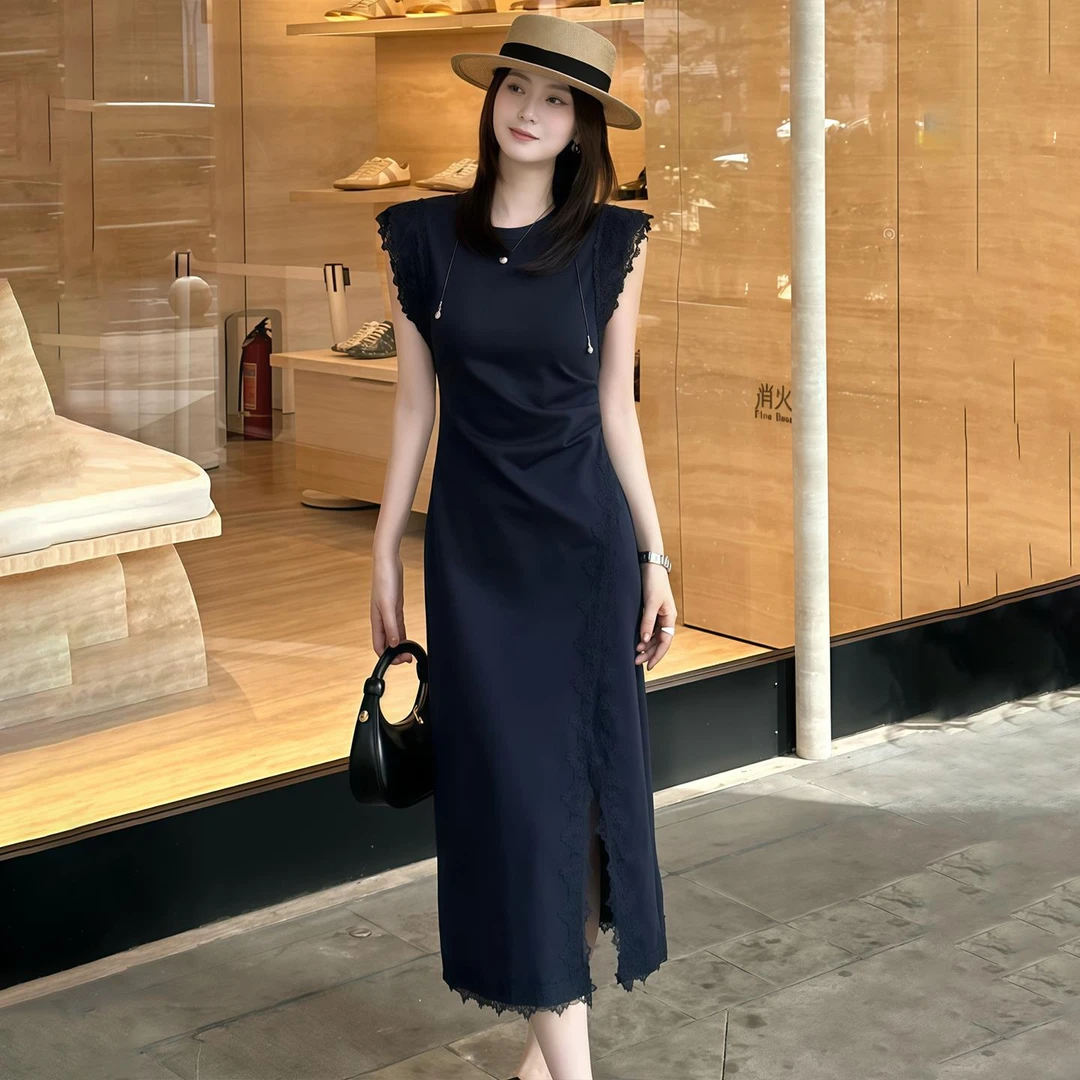 LUOZHI蕾丝拼接连衣裙新中式收腰国风开叉裙子夏季设计感气质长裙