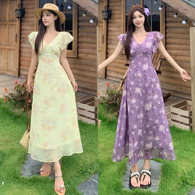 大码胖mm夏日绝美小裙子独特掐腰长裙女法式小飞袖碎花v领连衣裙