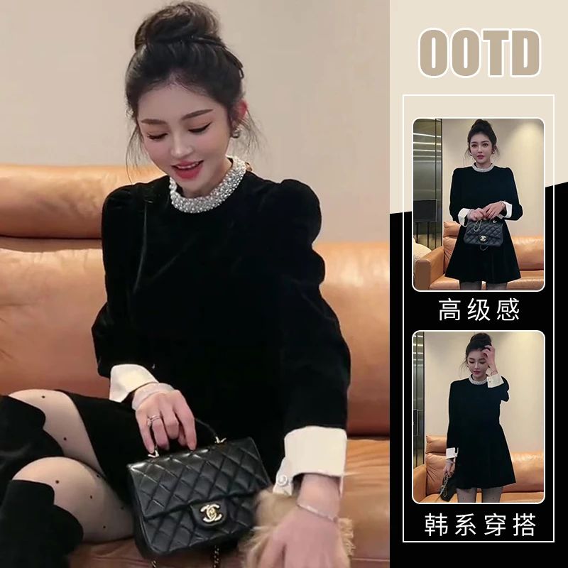 秋冬新款高级感小个子精致a字裙女法式复古撞色拼接显瘦连衣裙潮
