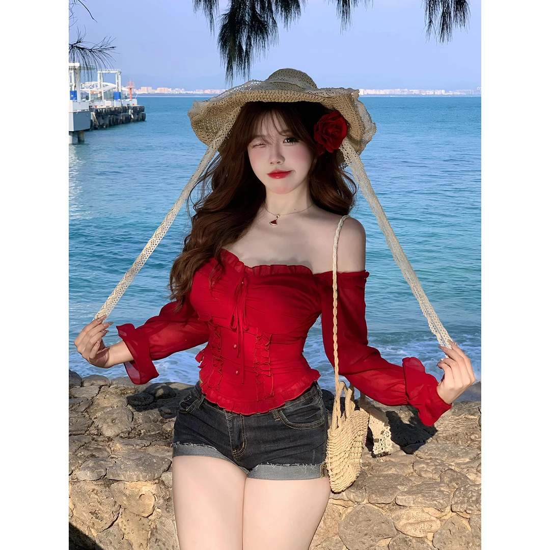 MengFairy【奶芙草莓】明艳美人上镜方领花边设计感上衣套/装4897M