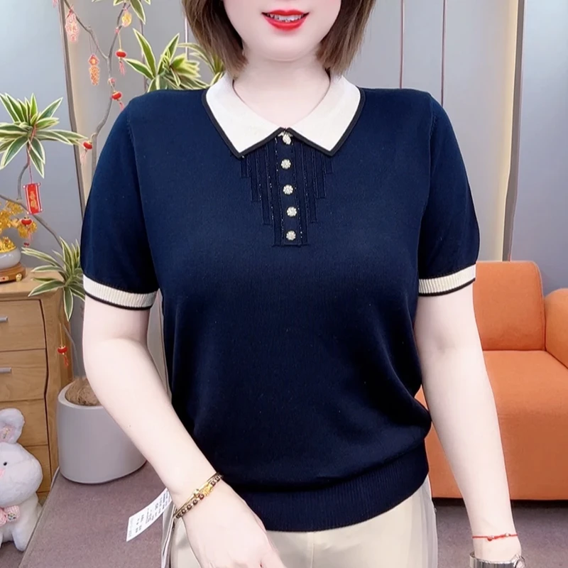 夏季新款高档洋气小翻领大码针织小衫中年妈妈遮肚显瘦减龄上衣女