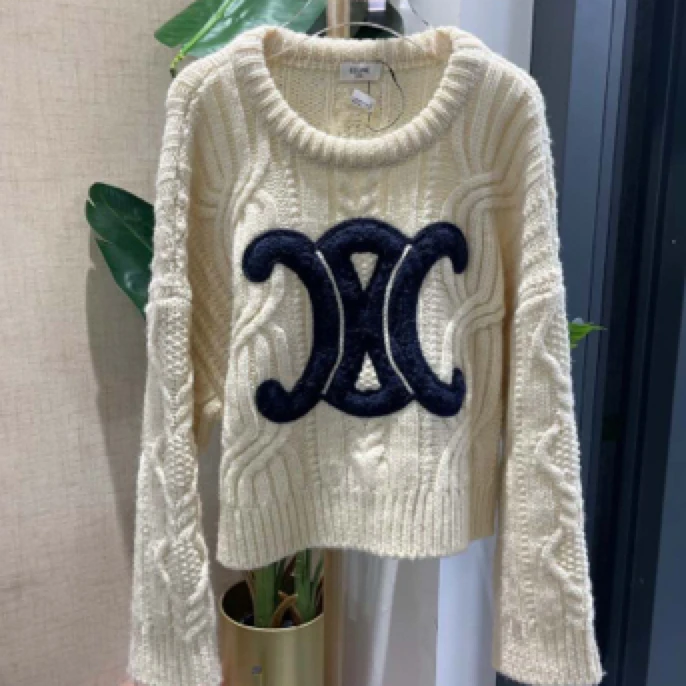 99新 Celine/思琳 M码 米白色凯旋门大logo毛衣
