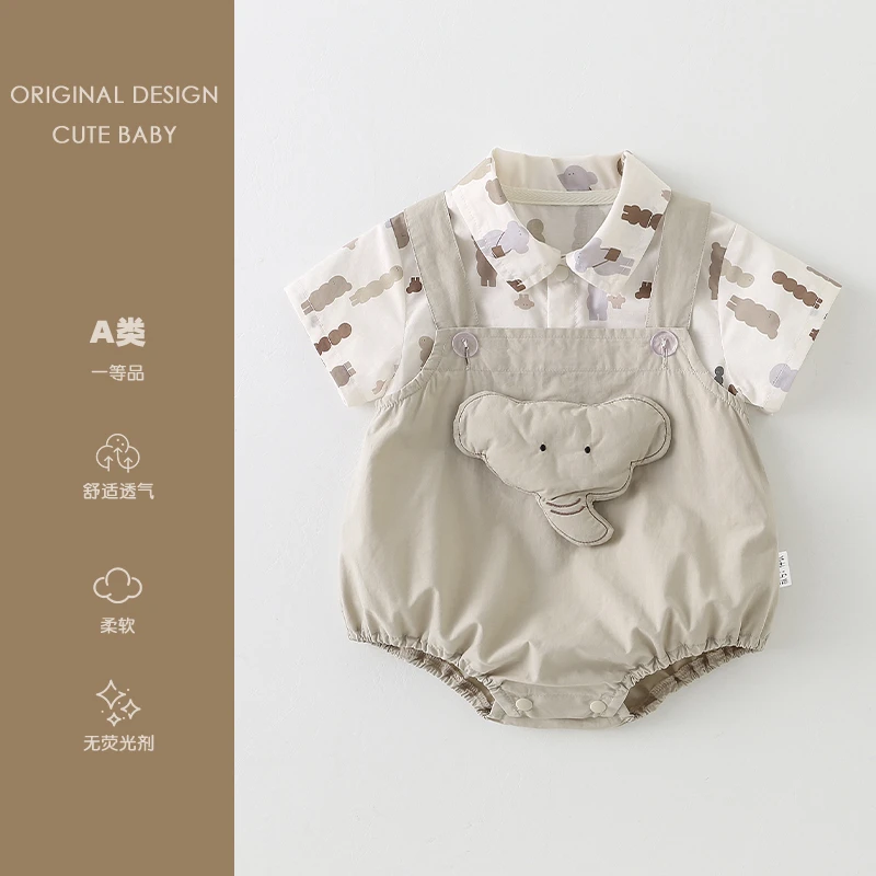 婴儿夏装新款连体衣套装新生儿男女宝薄款小象包屁衣外出服两件套