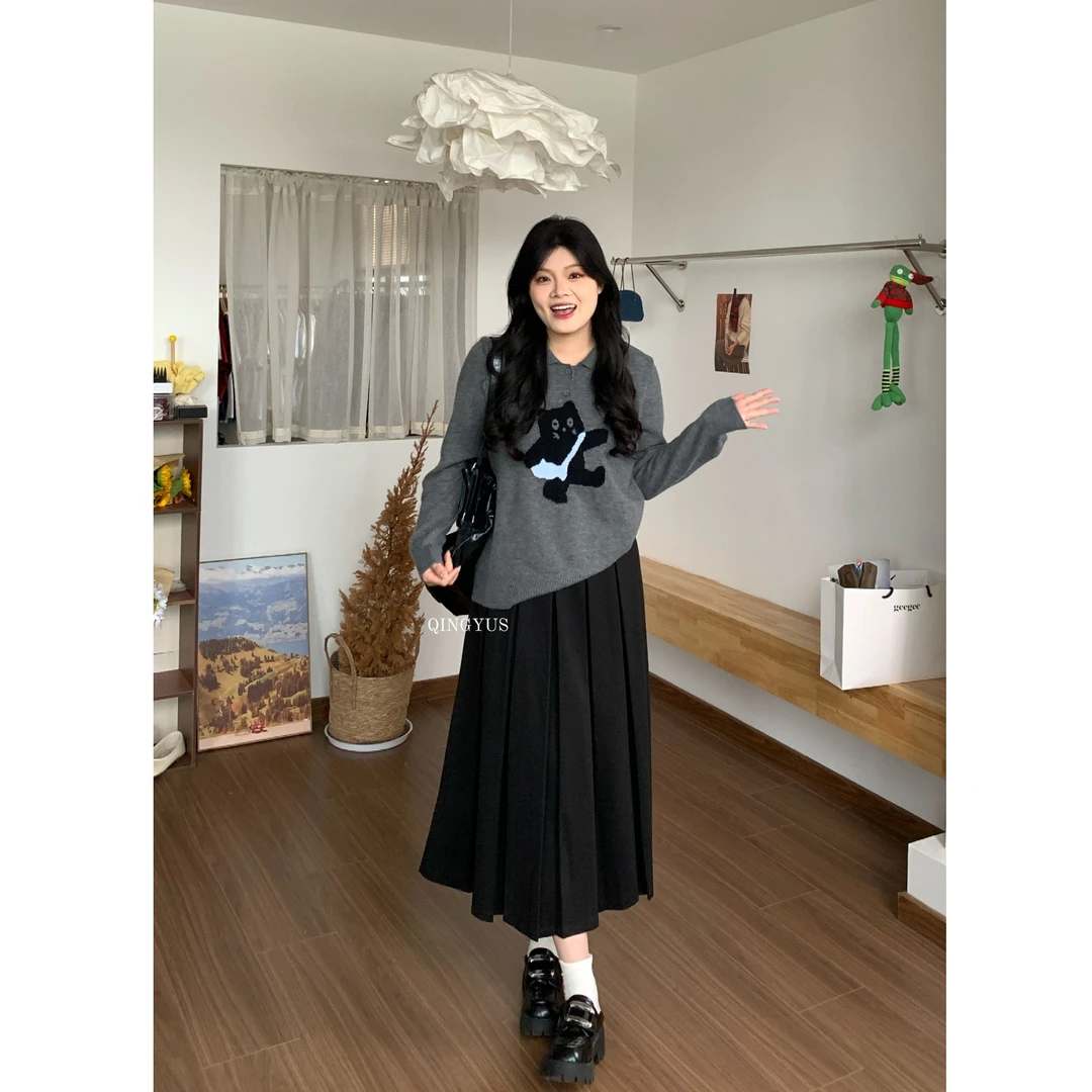 青屿衫-微胖大码秋冬韩系减龄猫咪提花翻领套头针织毛衣宽松上衣